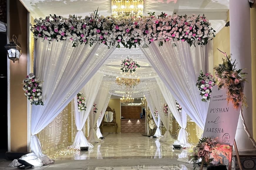 A festive corporate party with decorated venue